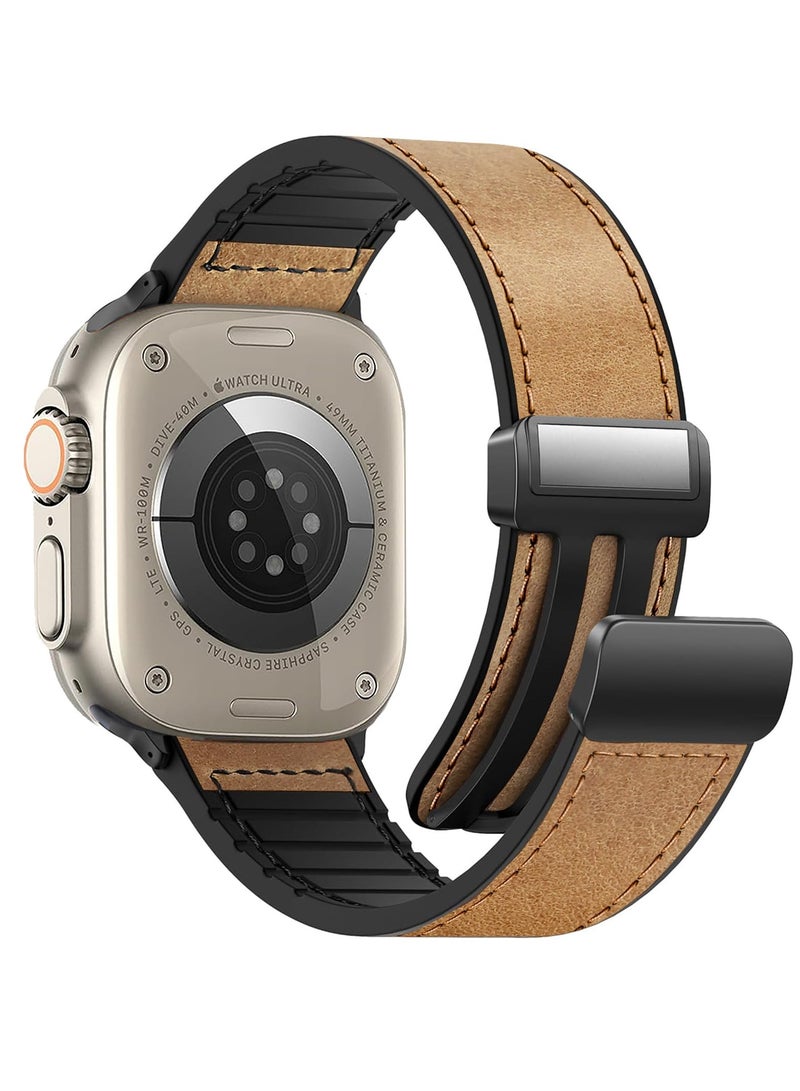SYOSI Genuine Leather Magnetic Watch Band for Apple Watch 49mm 45mm 44mm 42mm, Magnetic Buckle Strap Compatible with Apple Watch Ultra Ultra2 9 8 7 6 Series, Durable and Stylish Replacement Band, Brown - Image 1