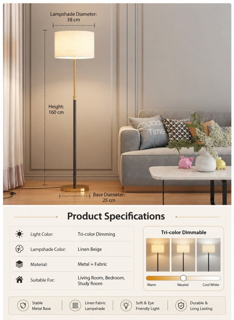 FUOE Modern gold and black floor lamp, with remote and app control, stepless dimming and color temperature adjustment, 12W LED light, marble base, 160×38 cm, suitable for living rooms, bedrooms, and offices. - Image 4