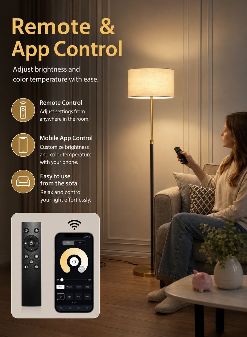 FUOE Modern gold and black floor lamp, with remote and app control, stepless dimming and color temperature adjustment, 12W LED light, marble base, 160×38 cm, suitable for living rooms, bedrooms, and offices. - Image 2
