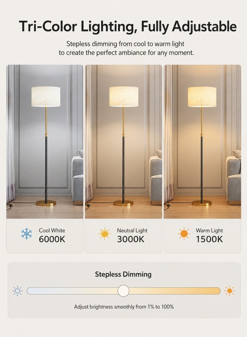FUOE Modern gold and black floor lamp, with remote and app control, stepless dimming and color temperature adjustment, 12W LED light, marble base, 160×38 cm, suitable for living rooms, bedrooms, and offices. - Image 3