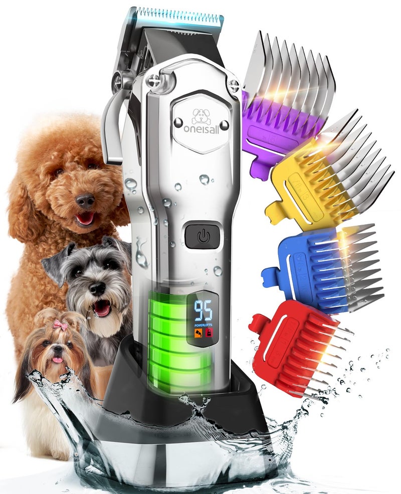 oneisall Dog Clippers for Grooming Thick Hair ProfessionalCordlessLow Noise Pet Grooming Kit with Detachable Metal Combs Rechargeable HeavyDuty Pet Clippers for ThickCurlyFineWavy Hair Sliver
