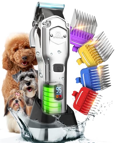 oneisall Professional Dog Grooming Clippers Cordless Rechargeable Thick Hair Clipper with Detachable Metal Combs Low Noise HeavyDuty Pet Clippers for CurlyFineWavy Hair 676pro Silver - Image 1