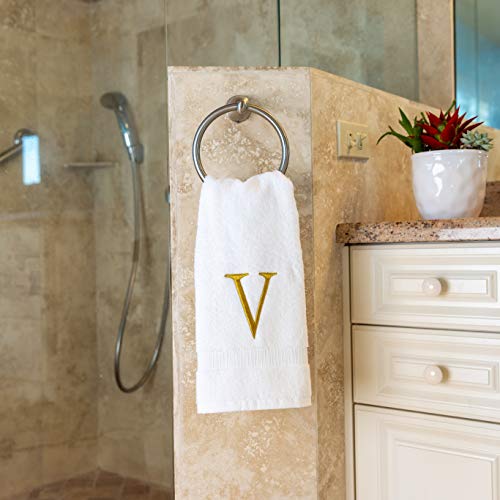 Decorvo Monogrammed Hand Towels for Bathroom - Luxury Hotel Quality Personalized Initial Decorative Embroidered Bath Towel for Powder Room, Spa - GOTS Organic Certified - Set of 2 Gold Letter V - Image 5