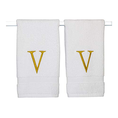 Decorvo Monogrammed Hand Towels for Bathroom - Luxury Hotel Quality Personalized Initial Decorative Embroidered Bath Towel for Powder Room, Spa - GOTS Organic Certified - Set of 2 Gold Letter V - Image 1