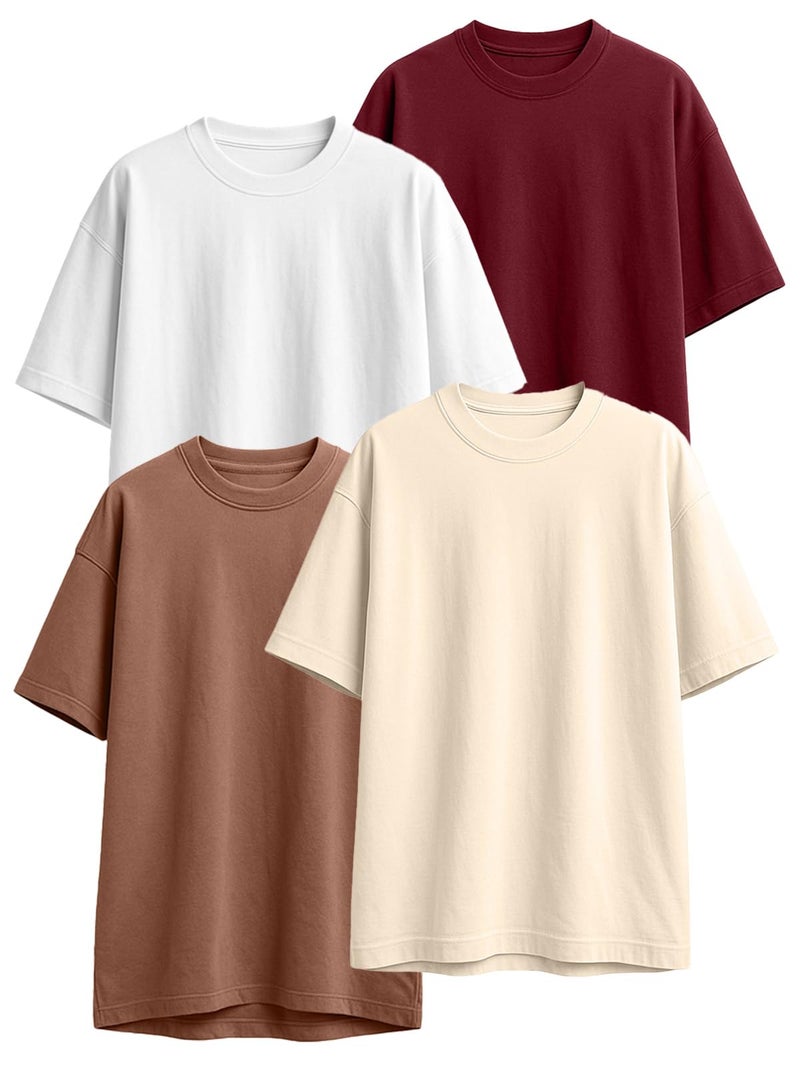 JUNEBERRY® 100% Pure Cotton Oversized Loose Fit Half Sleeve Drop Shoulder Solid Core Round Neck Multicolor T-Shirt Combo for Women (PO4_OS_JB_SW_WT_CR_MR_XXL) - Image 1