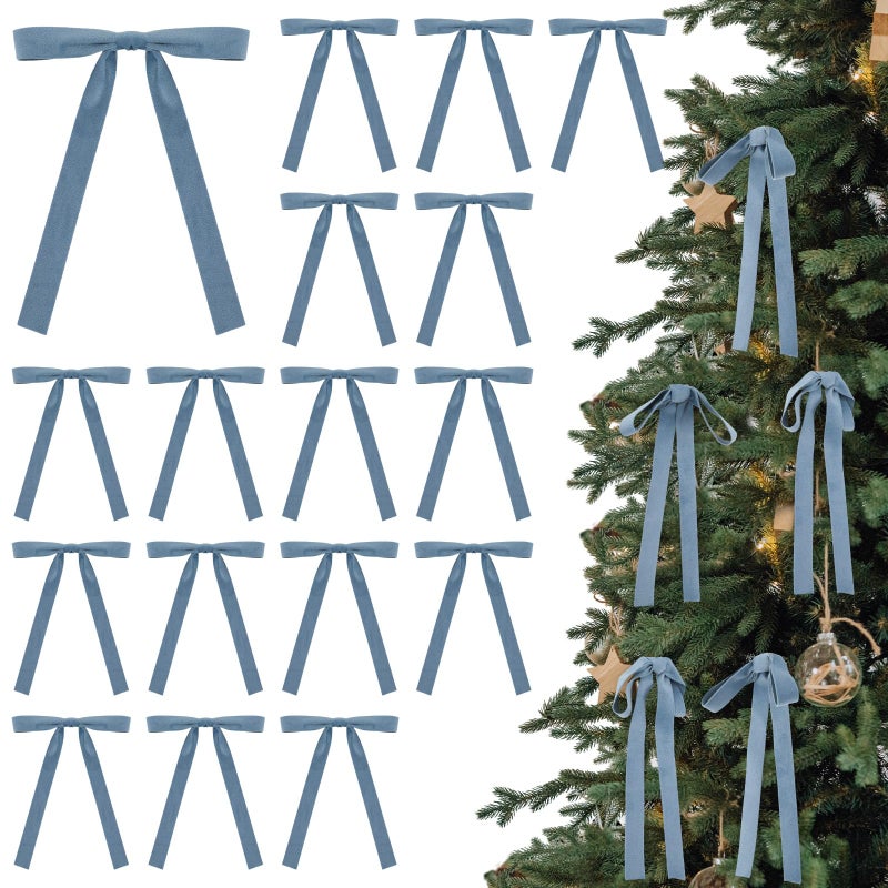 Glitinsel 24 Pcs Velvet Bows Christmas Tree Ornaments Vintage Double Faced Velvet Ribbon Bows for Tree Garland Wreath Indoor Outdoor Xmas5 x 7 Inch Width of 58Dusty Blue - Image 2