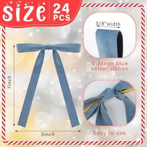 Glitinsel 24 Pcs Velvet Bows Christmas Tree Ornaments Vintage Double Faced Velvet Ribbon Bows for Tree Garland Wreath Indoor Outdoor Xmas5 x 7 Inch Width of 58Dusty Blue - Image 3