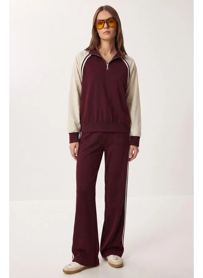 Lovely Istanbul Contrast Colored Parachute-Trim Knit Set LAZ0012 BURGUNDY.