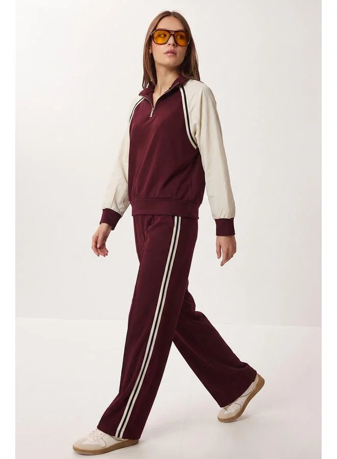 Lovely Istanbul Contrast Colored Parachute-Trim Knit Set LAZ0012 BURGUNDY.