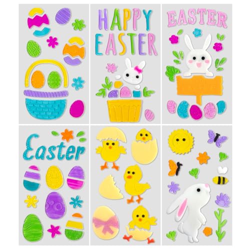 HOHUCRAB 6Pcs Easter Window Clings Jelly Stickers Bunny Egg Flower Chick for Glass Windows Mirrors Refrigerators, Easter Window Decorations for Home Office Party Gift Decals - Image 1