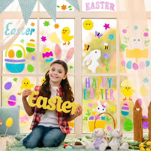 HOHUCRAB 6Pcs Easter Window Clings Jelly Stickers Bunny Egg Flower Chick for Glass Windows Mirrors Refrigerators, Easter Window Decorations for Home Office Party Gift Decals - Image 5