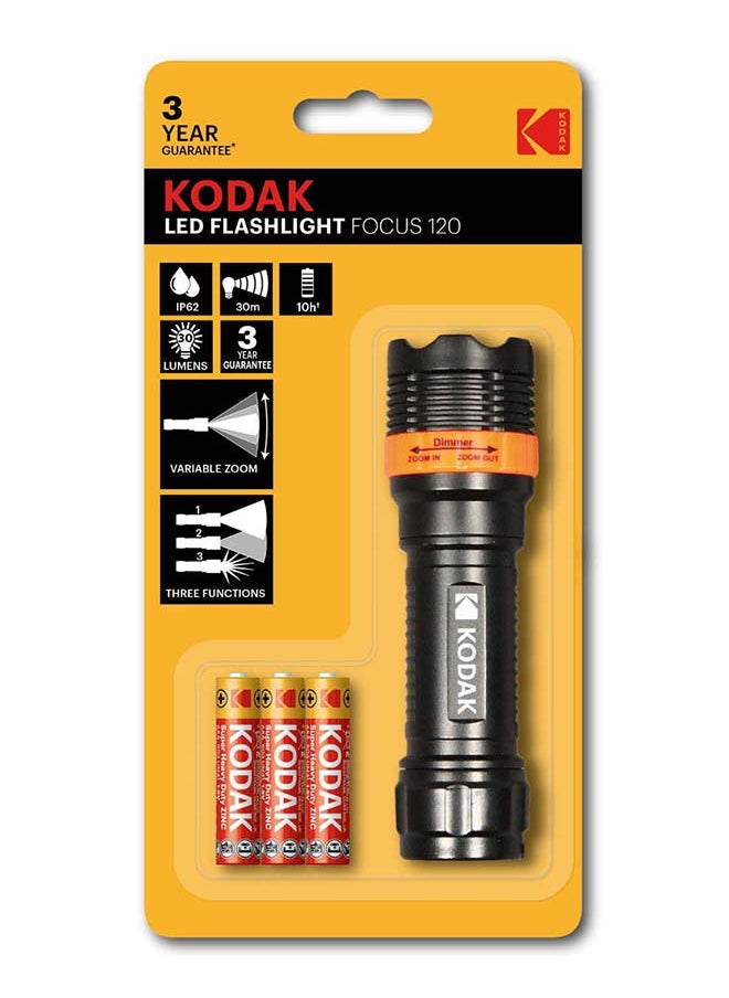 Kodak Kodak LED Flashlight Focus 120|  Black Color |  with 3xAAA Batteries Included  - Image 1