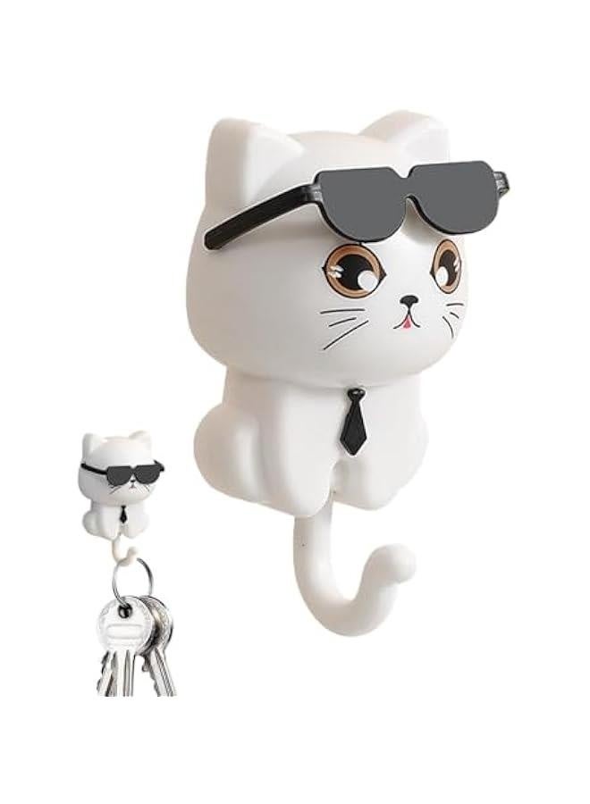 Cute Cat Key Hook, 2 Cartoon Cat in Sunglasses Creative Gra-vity Hook, Adhesive Coat Hooks Key Holder for Wall Decorative, Pet Wall Hooks for Hanging Key, Bag, Hat, Towel - Image 1