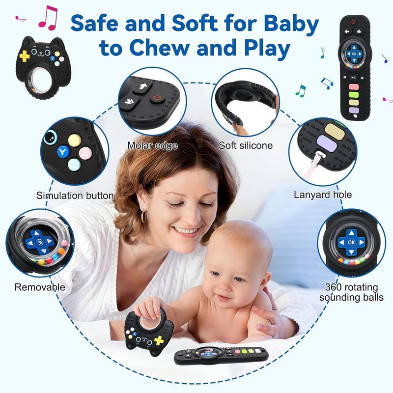 Baby Rattles for Babies 0+ Months, 2 Pack Silicone TV Remote and Game Controller Sensory Toy (Black) - Image 5