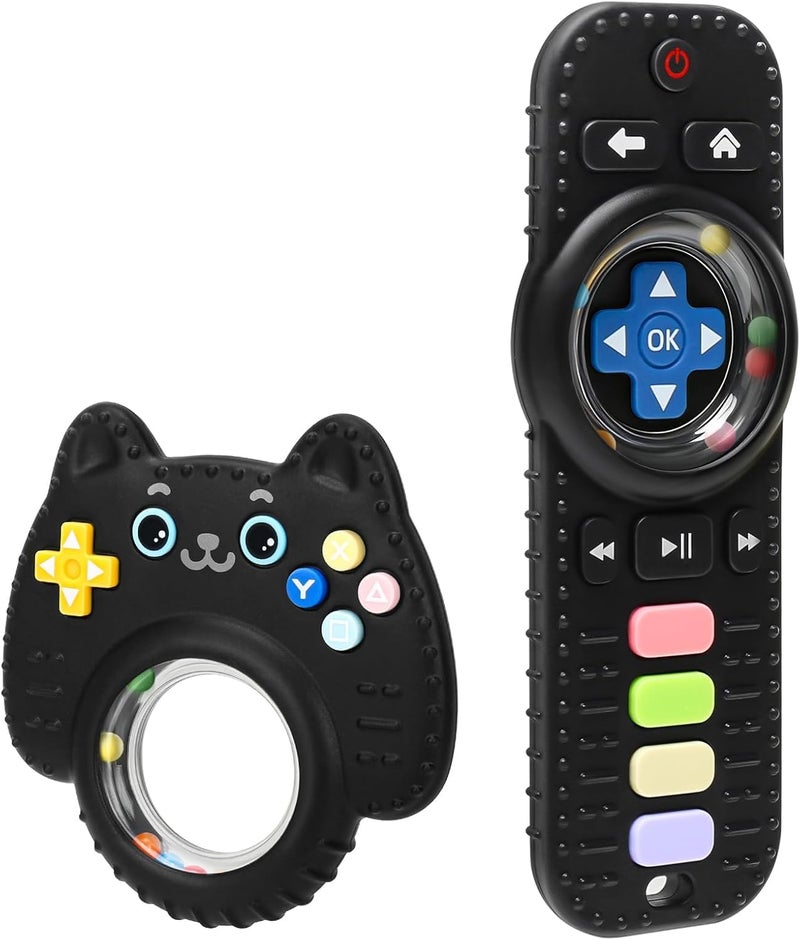 Baby Rattles for Babies 0+ Months, 2 Pack Silicone TV Remote and Game Controller Sensory Toy (Black) - Image 1