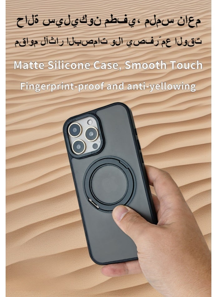Phone Case Specifically for iPhone 16 Pro Max: Silicone case with matte finish, non-yellowing, MagSafe compatible, with rotating stand, drop and shock-resistant, slim-fit,black - Image 2
