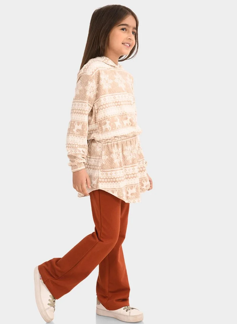 Bonkids Regular Fit Printed Off And White And Brown Cotton Sets For Girls Round Neck Flat Collar Pull On 100 % Cotton