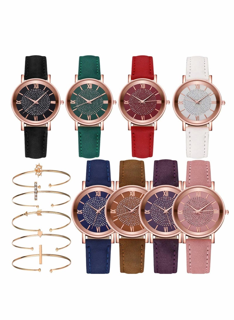 KASTWAVE Wholesale Assorted Platinum Watches Jewelry Dress Watches Rose Gold Roman Numerals Starry Sky Wrist Watch Bracelet for Women Girls(8 pcs) - Image 1