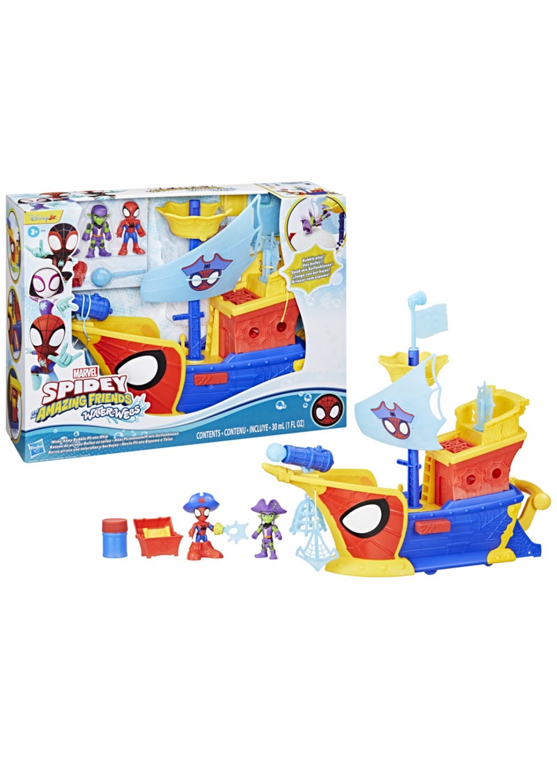 SPIDEY AND HIS AMAZING FRIENDS Marvel Spidey and his Amazing Friends Water-Webs Webs Ahoy Bubble Pirate Ship Toy, 3-Inch (7.6) Action Figures & Boat Playset, Super Hero Toys, 3+ - Image 1
