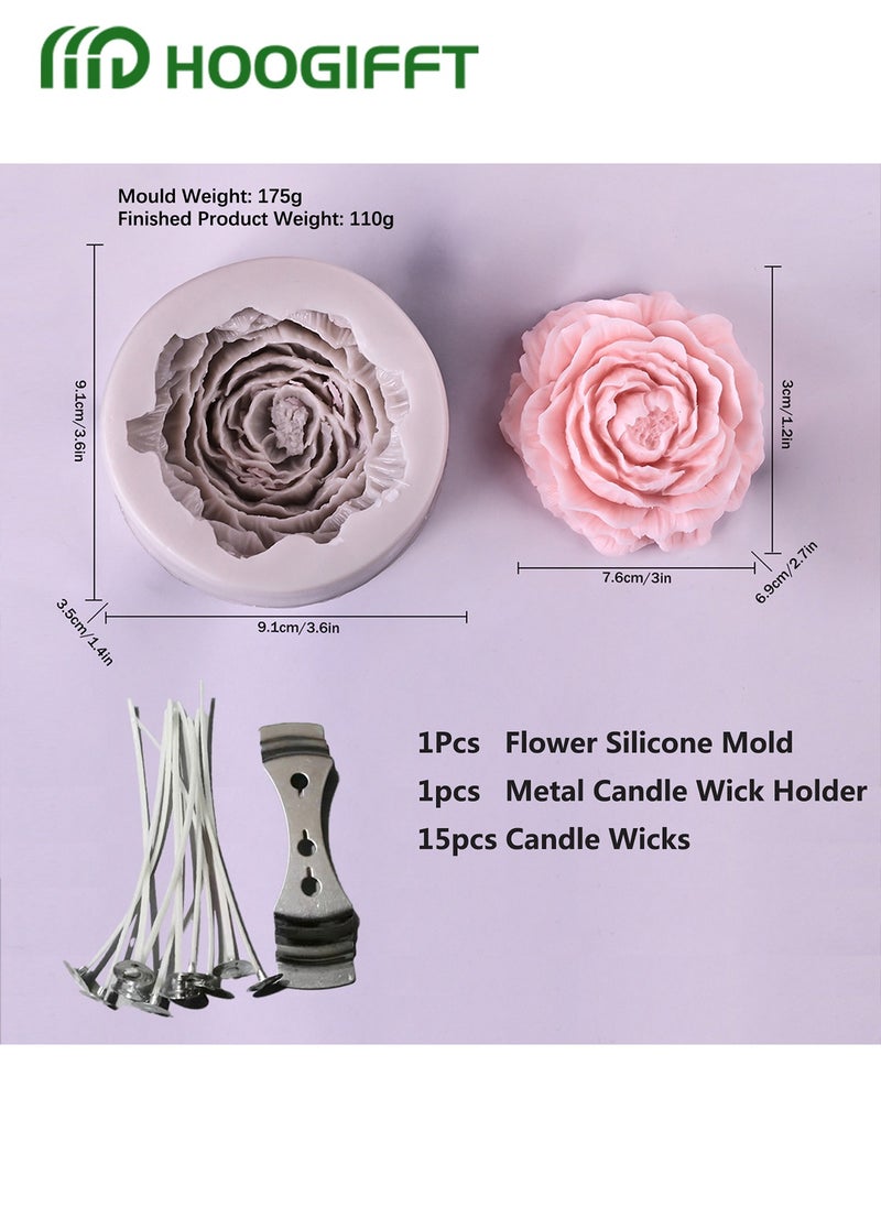 Flower Silicone Mold for Resin Candle , 3D Soap Mould Cake Fondant Chocolate Epoxy Casting Craft Handmade Gift, 15-Piece Candle Wicks White 10.5cm，1-Piece Wick Holder Set Silver One Size，Peony