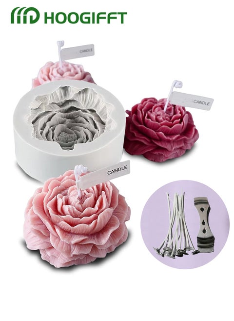Flower Silicone Mold for Resin Candle , 3D Soap Mould Cake Fondant Chocolate Epoxy Casting Craft Handmade Gift, 15-Piece Candle Wicks White 10.5cm，1-Piece Wick Holder Set Silver One Size，Peony