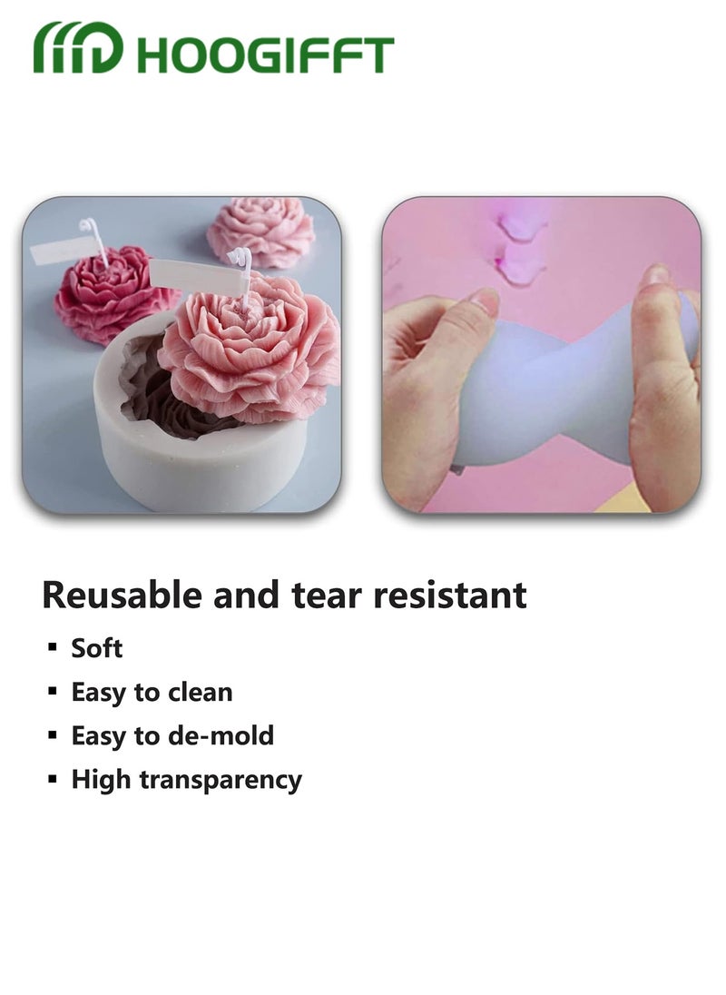 Flower Silicone Mold for Resin Candle , 3D Soap Mould Cake Fondant Chocolate Epoxy Casting Craft Handmade Gift, 15-Piece Candle Wicks White 10.5cm，1-Piece Wick Holder Set Silver One Size，Peony