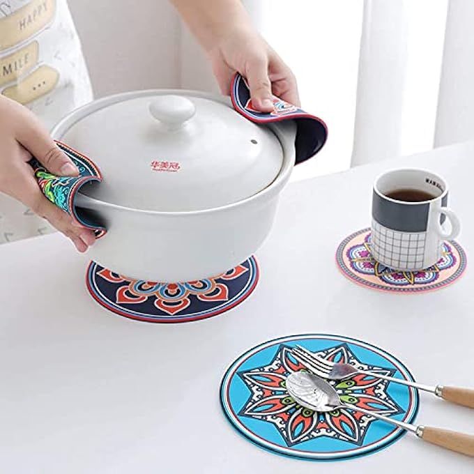 MAKINGTEC Trivet Pot Holders 6 Pack Multifunction Vintage Ethnic Floral Silicone Pot Holders Great Heat Resistant Hot Pads For Kitchen Table - Image 4