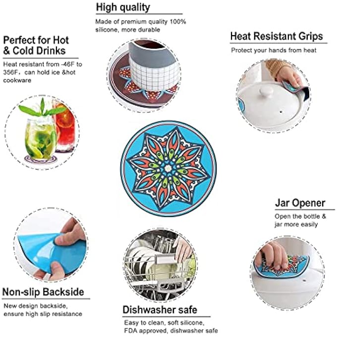 MAKINGTEC Trivet Pot Holders 6 Pack Multifunction Vintage Ethnic Floral Silicone Pot Holders Great Heat Resistant Hot Pads For Kitchen Table - Image 3