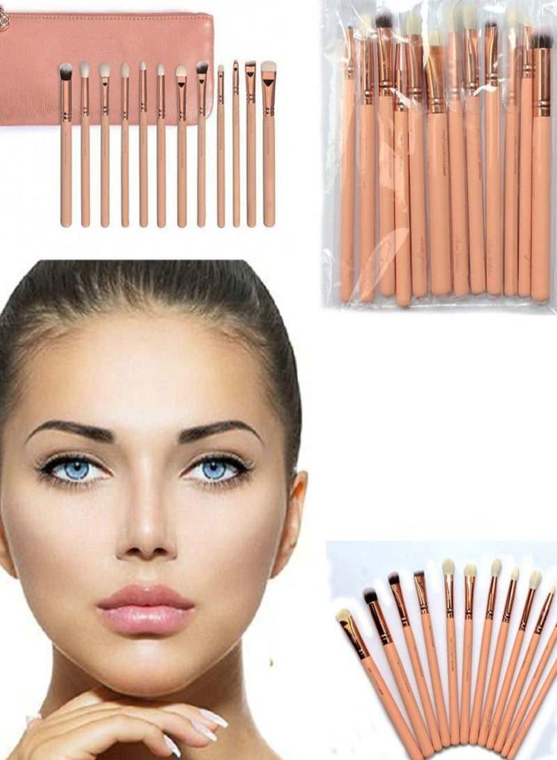NIBEMINENT 12-Piece Eye Makeup Brush Set With Puff And Bag Rose Gold/White/Clear  - Image 2