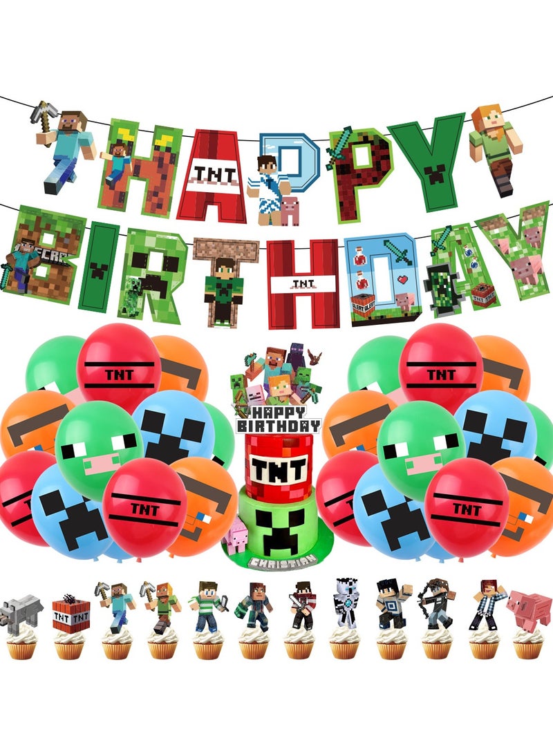 Minecraft Pixels Balloon Garland Set with Happy Birthday Banner,Cake Topper,Perfect for Graduation Baby Shower Birthday Bachelorette Party Backdrop Decoration,Suitable for Indoor and Outdoor - Image 1