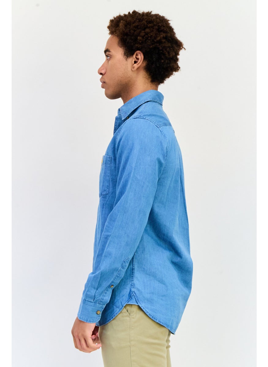 La Martina Men Tailored Fit Embroidered Logo Long Sleeve Casual Shirt, Blue  - Image 3