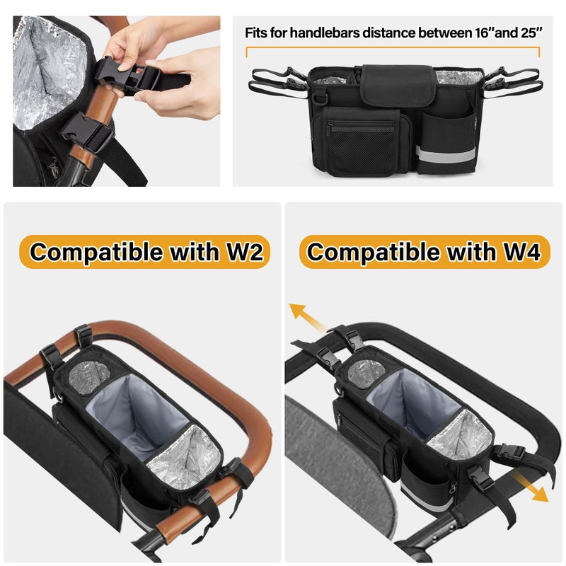 GRAOSO Parent Console Stroller Organizer Compatible with WONDERFOLD W&X, 2 Insulated Cup Holders, A Removable Cooler Bag, Black, Patented Design - Image 2