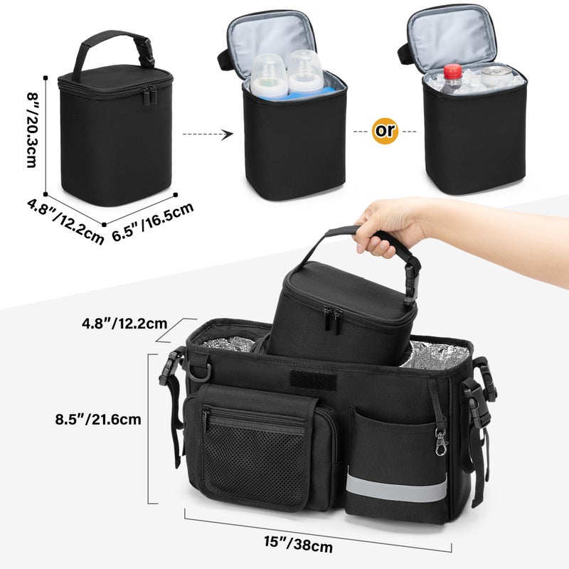 GRAOSO Parent Console Stroller Organizer Compatible with WONDERFOLD W&X, 2 Insulated Cup Holders, A Removable Cooler Bag, Black, Patented Design - Image 5