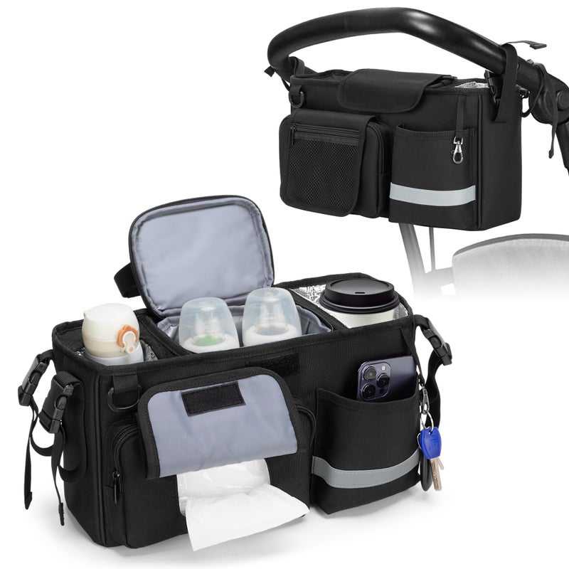 GRAOSO Parent Console Stroller Organizer Compatible with WONDERFOLD W&X, 2 Insulated Cup Holders, A Removable Cooler Bag, Black, Patented Design - Image 1