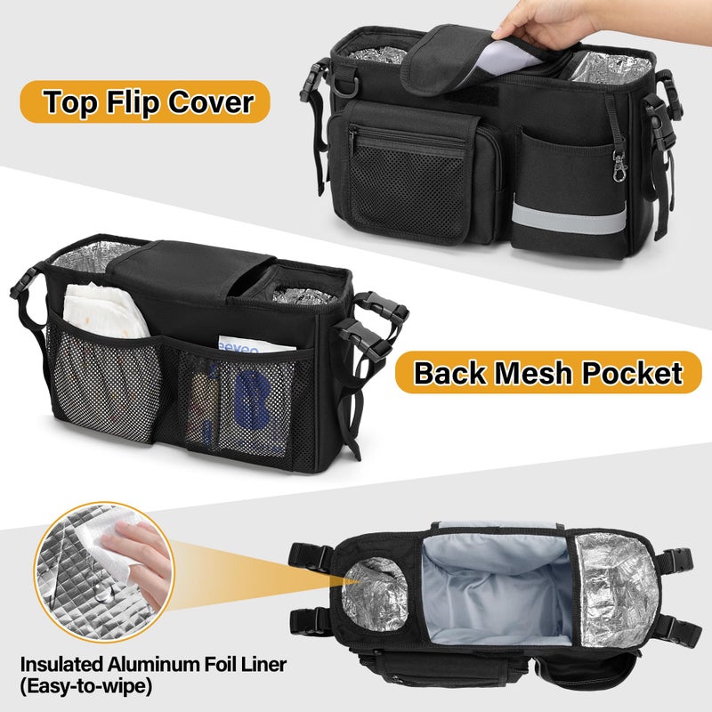 GRAOSO Parent Console Stroller Organizer Compatible with WONDERFOLD W&X, 2 Insulated Cup Holders, A Removable Cooler Bag, Black, Patented Design - Image 3