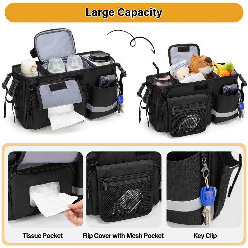 GRAOSO Parent Console Stroller Organizer Compatible with WONDERFOLD W&X, 2 Insulated Cup Holders, A Removable Cooler Bag, Black, Patented Design - Image 4