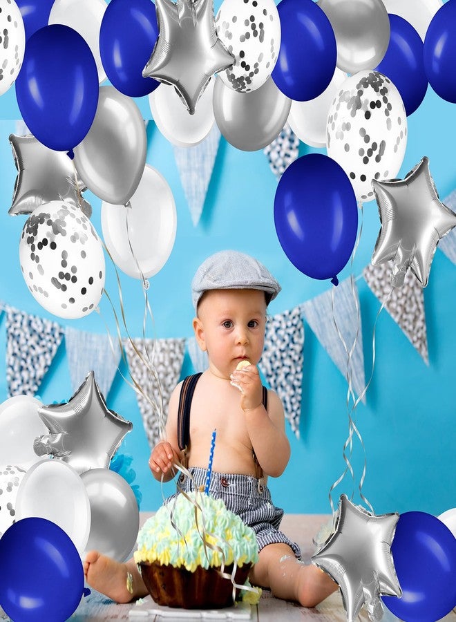 سراتي مجموعة بالونات ستراتي 60 قطعة، بالونات لاتكس معدنية مزينة بالقصاصات الورقية مقاس 12 بوصة مع لفتين من الشريط، مناسبة لأعياد الميلاد وحفلات استقبال المولود وحفلات الزفاف والتخرج (أزرق ملكي، أبيض، فضي). - Image 4