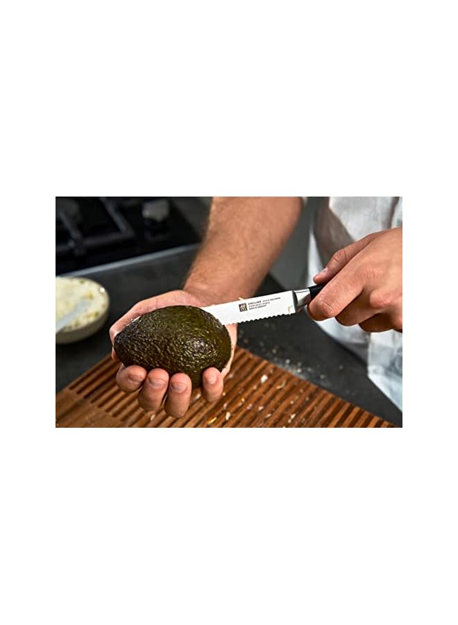 Zwilling Four Star Utility Knife 13cm. Ergonomic handle. Forged Special Formula High-Carbon stainless steel. Ice-hardened. Precision-honed. 57 Rockwell Hardness. 15 degrees edge angle. Made in Germany  - Image 4