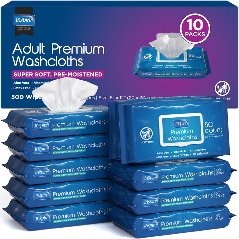 Inspire Adult Wet Wipes, Wash Cloths | Adult Wipes for Incontinence & Cleansing for Elderly, 8"x12" (500CT (10 PACKS OF 50)) - Image 1
