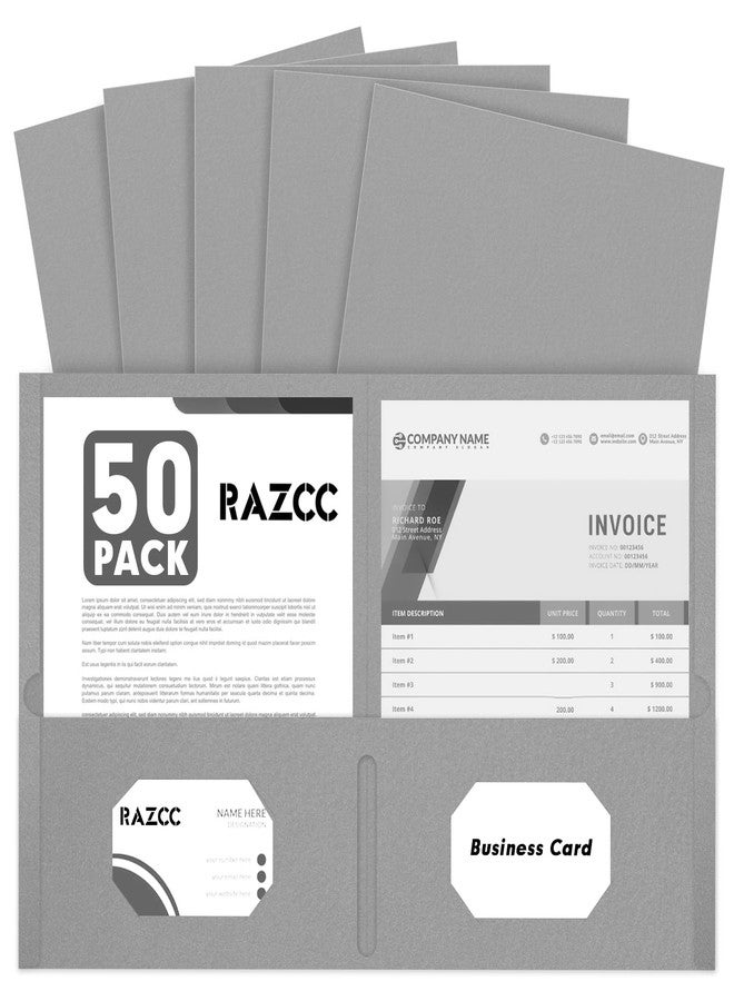 RAZCC Two Pocket Folders, RAZCC 50 Pack 2 Pocket Folders Fit Letter Size Paper, Paper Folders with Pockets for School Office Business Home (Grey) - Image 1