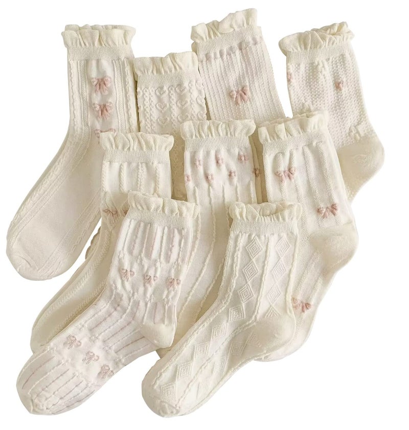 MarJunSep Cute Floral Crew Socks for Women Teen Girls Flower Cottagecore Frilly Vintage Fancy Cotton Socks White Frilly Mary Jane Socks - Image 1