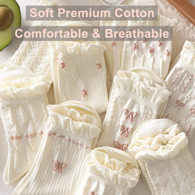 MarJunSep Cute Floral Crew Socks for Women Teen Girls Flower Cottagecore Frilly Vintage Fancy Cotton Socks White Frilly Mary Jane Socks - Image 5