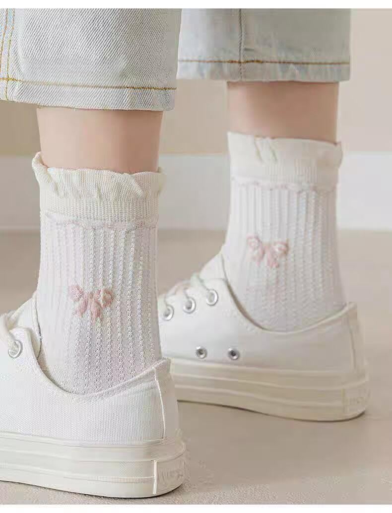 MarJunSep Cute Floral Crew Socks for Women Teen Girls Flower Cottagecore Frilly Vintage Fancy Cotton Socks White Frilly Mary Jane Socks - Image 2