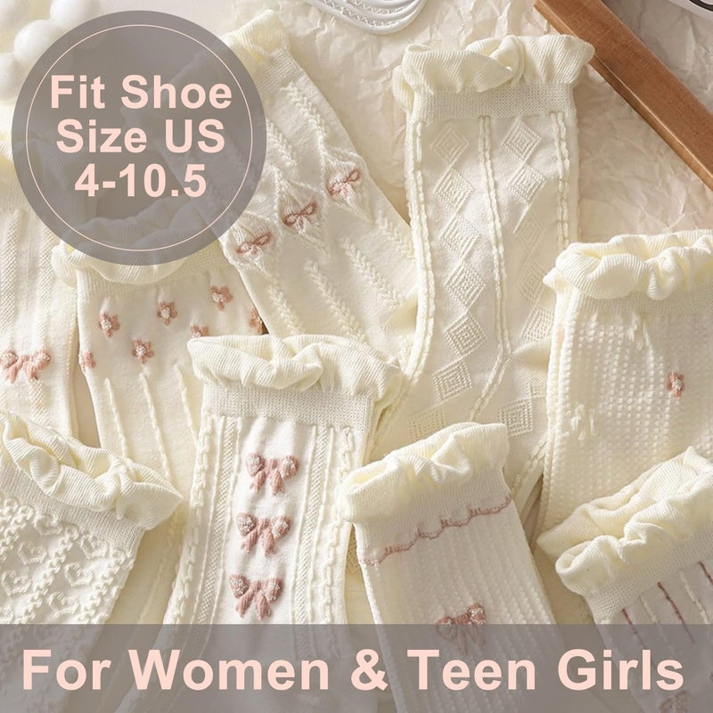 MarJunSep Cute Floral Crew Socks for Women Teen Girls Flower Cottagecore Frilly Vintage Fancy Cotton Socks White Frilly Mary Jane Socks - Image 4