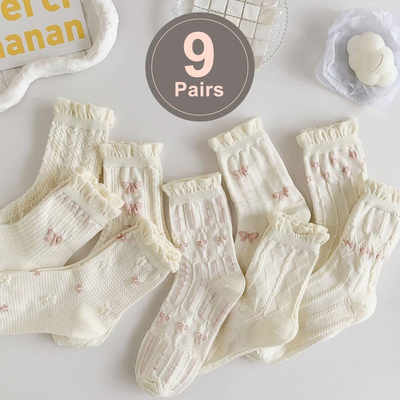 MarJunSep Cute Floral Crew Socks for Women Teen Girls Flower Cottagecore Frilly Vintage Fancy Cotton Socks White Frilly Mary Jane Socks - Image 3