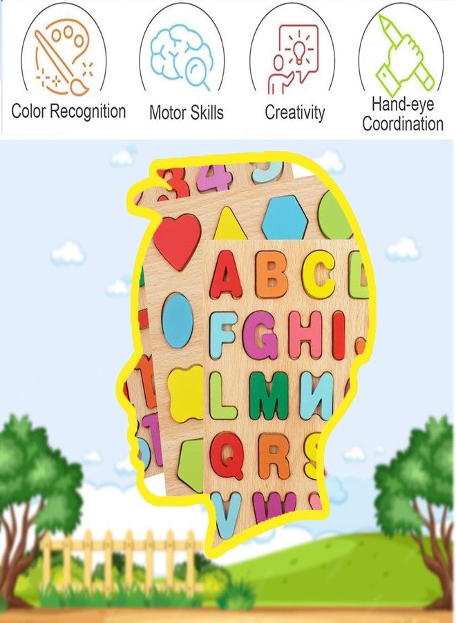 VNM Traders Colourful Wooden Puzzle Set for Kids: Capital Alphabets, Numbers and Shapes - Educational Learning Board for Toddlers and Preschoolers (ABCD, Numbers, Shapes) | Ages 0-6 - Image 4