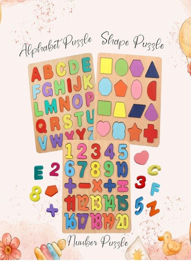 VNM Traders Colourful Wooden Puzzle Set for Kids: Capital Alphabets, Numbers and Shapes - Educational Learning Board for Toddlers and Preschoolers (ABCD, Numbers, Shapes) | Ages 0-6 - Image 2