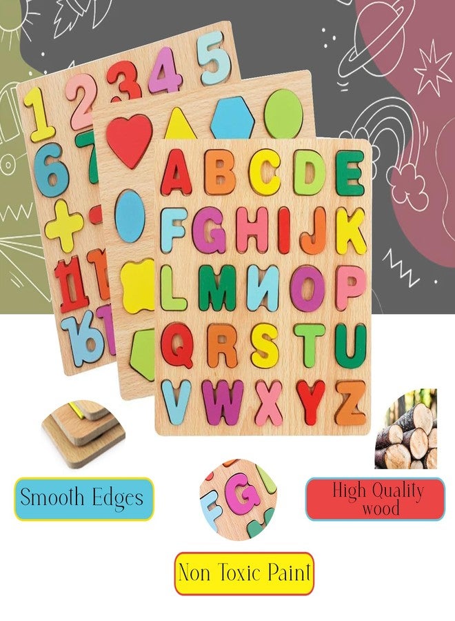 VNM Traders Colourful Wooden Puzzle Set for Kids: Capital Alphabets, Numbers and Shapes - Educational Learning Board for Toddlers and Preschoolers (ABCD, Numbers, Shapes) | Ages 0-6 - Image 3