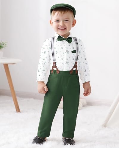 YALLET Baby Boy Outfits Suits Infant Formal Dress Clothes Gentleman Wedding Print ShirtBeret HatSuspender PantsBowtieGreen Print 36 Months - Image 3