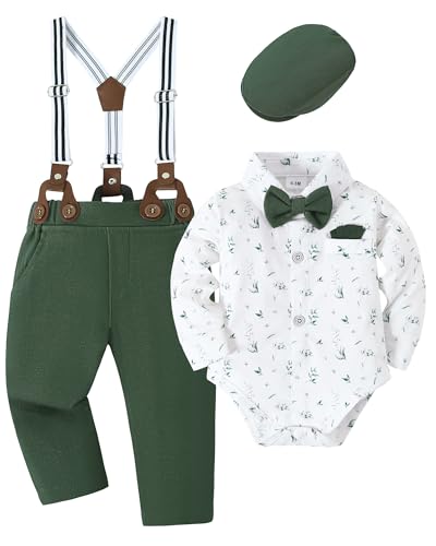 YALLET Baby Boy Outfits Suits Infant Formal Dress Clothes Gentleman Wedding Print ShirtBeret HatSuspender PantsBowtieGreen Print 36 Months - Image 1